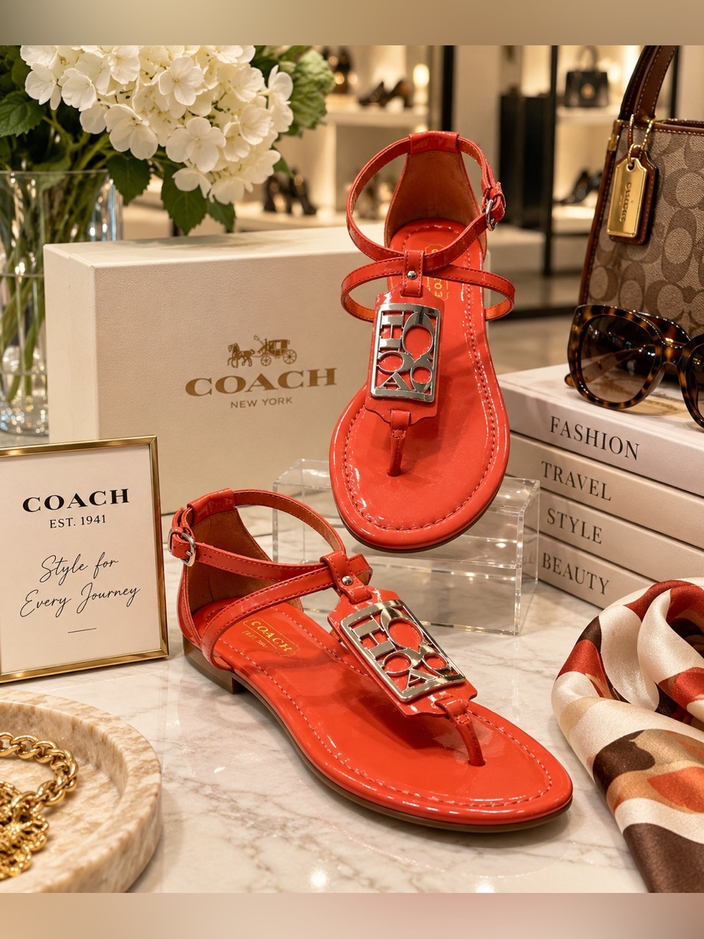 Coach Women's Coral Patent Leather T-Strap Sandals